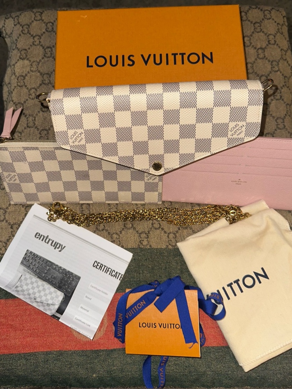 LV Damier Azur Pochette Félicie w/ Inserts, Box, COA, Dust Cover
